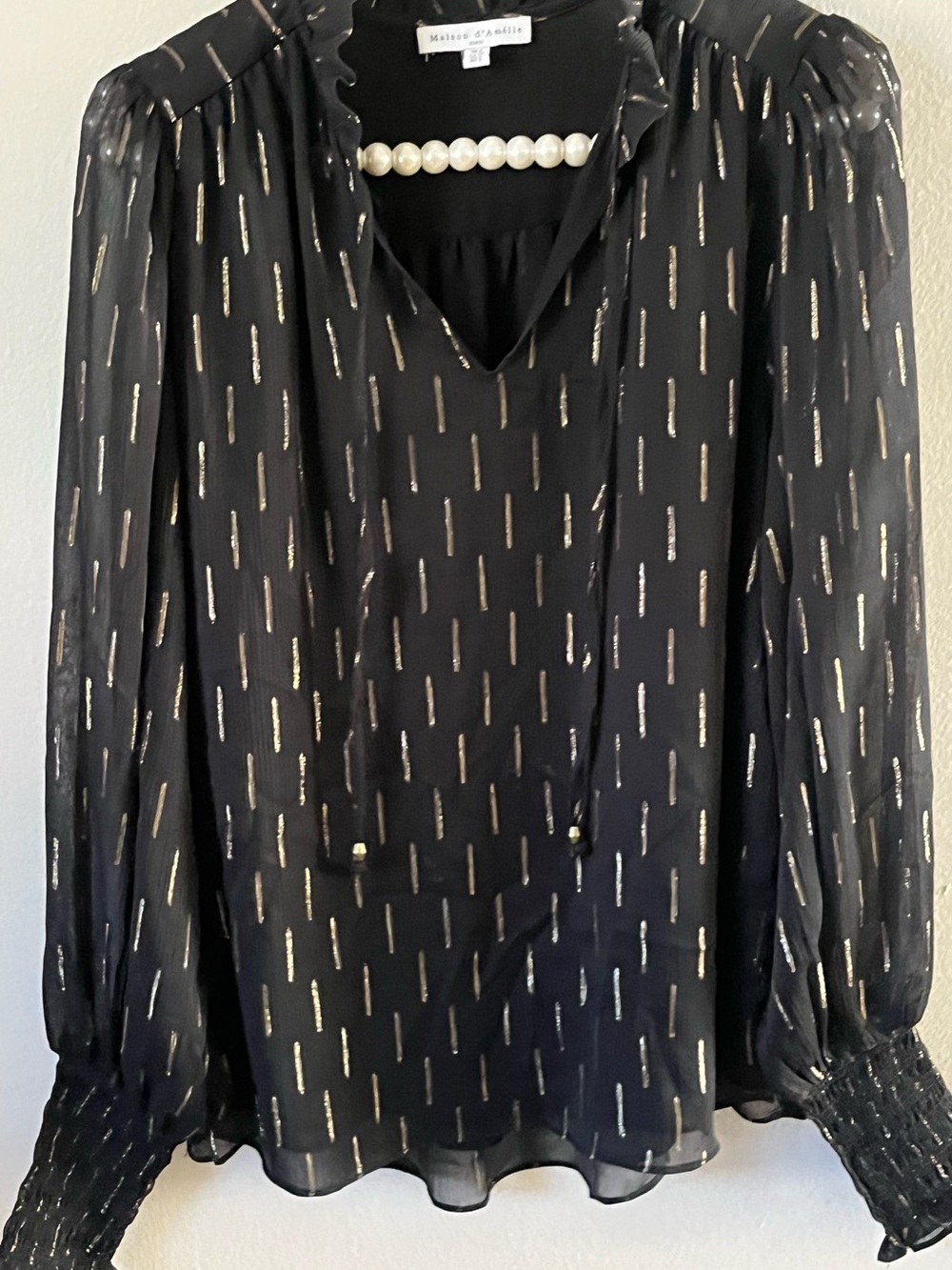 Maison d’Amélie Paris Black Gold Metallic Striped Ruffled Blouse Top Size Small - Picture 4 of 9